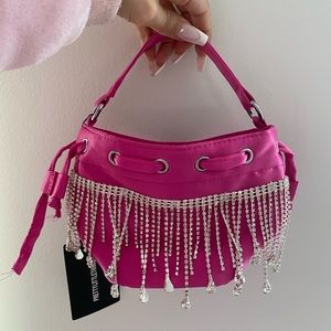 Pink Satin Drawstring Diamante Tassel Trim Mini Bag